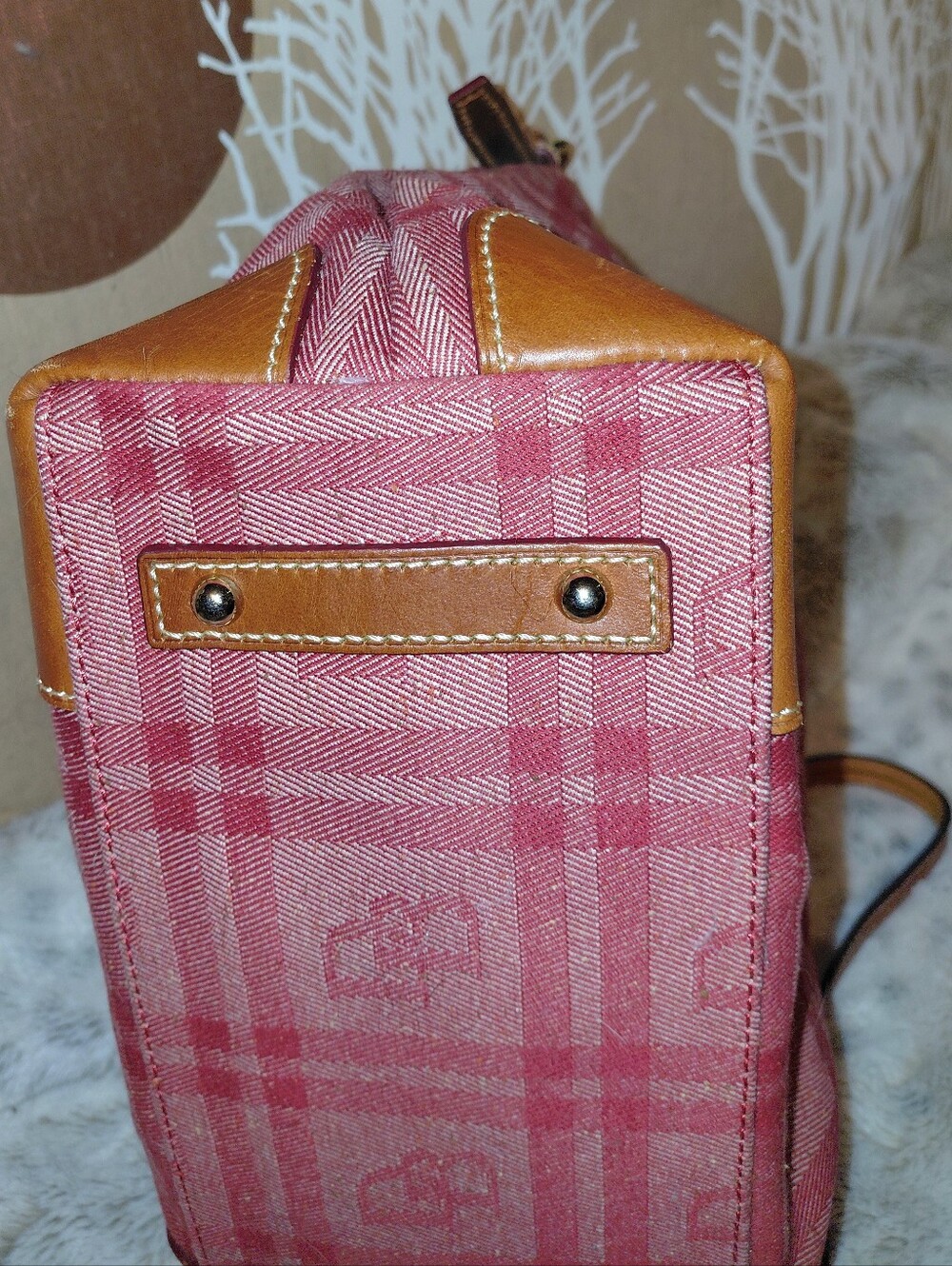 Dooney & Bourke Red Plaid Crossbody with Brown Leather Trim and Tassel. - Picture 4 of 6